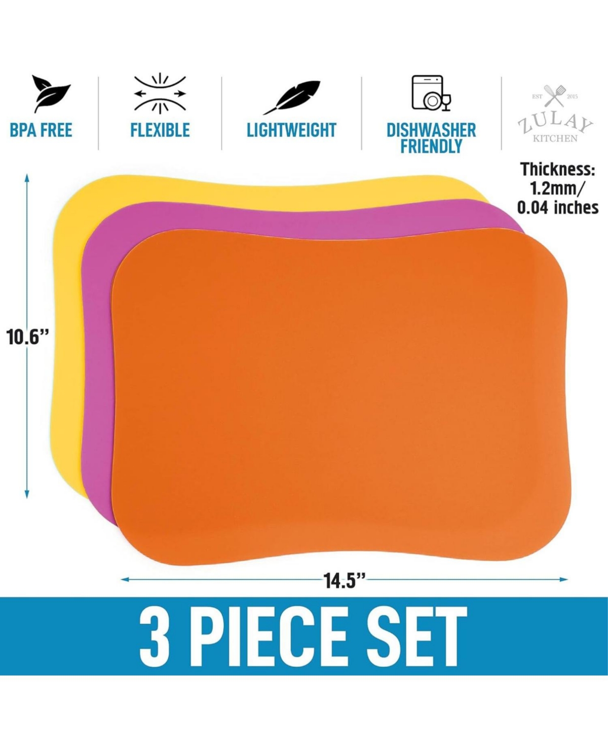 Zulay Kitchen Non-Slip Flexible Cutting Board Set - Dishwasher Friendly Cutting Mats For Cooking Set of 3 - Curved edge-yellow, apricot, grape
