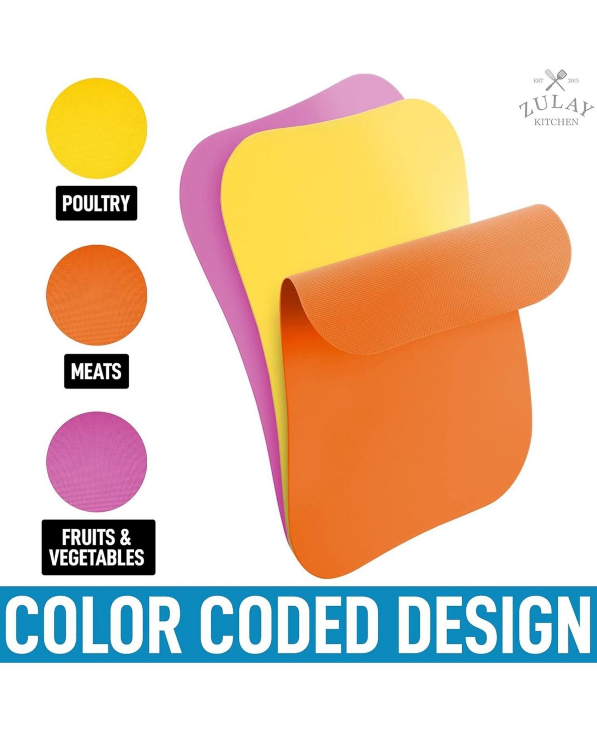 Zulay Kitchen Non-Slip Flexible Cutting Board Set - Dishwasher Friendly Cutting Mats For Cooking Set of 3 - Curved edge-yellow, apricot, grape
