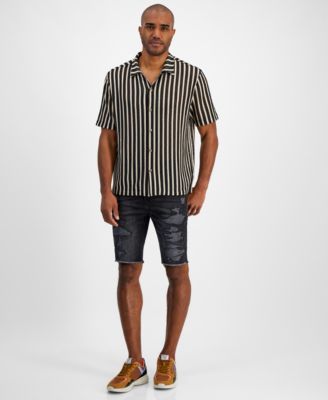 Panama Striped Shirt Slim Fit Destroyed Denim Shorts