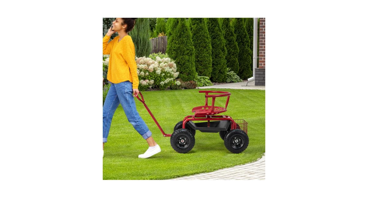 Slickblue Cushioned Rolling Garden Cart Scooter with Storage Basket and Tool Pouch-Black &- Red, Black