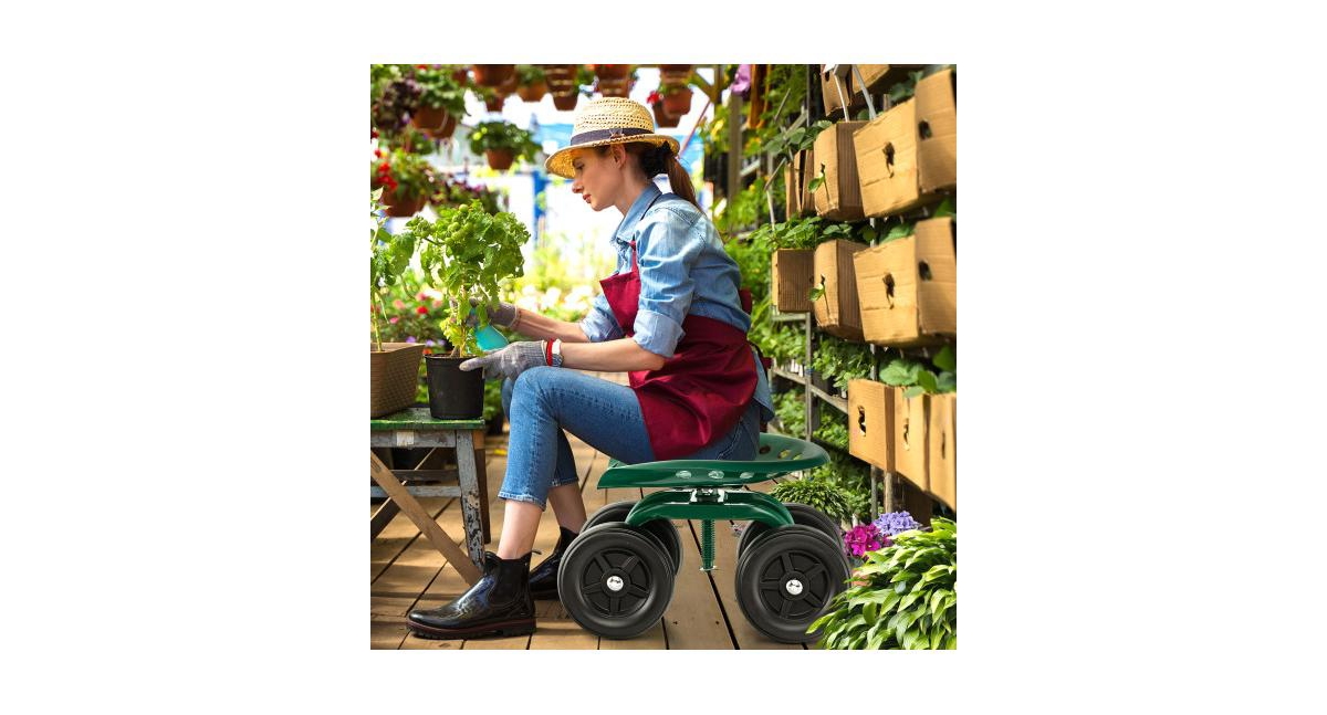 Slickblue Garden Rolling Workseat with 360°Swivel Seat and Adjustable Height- Green