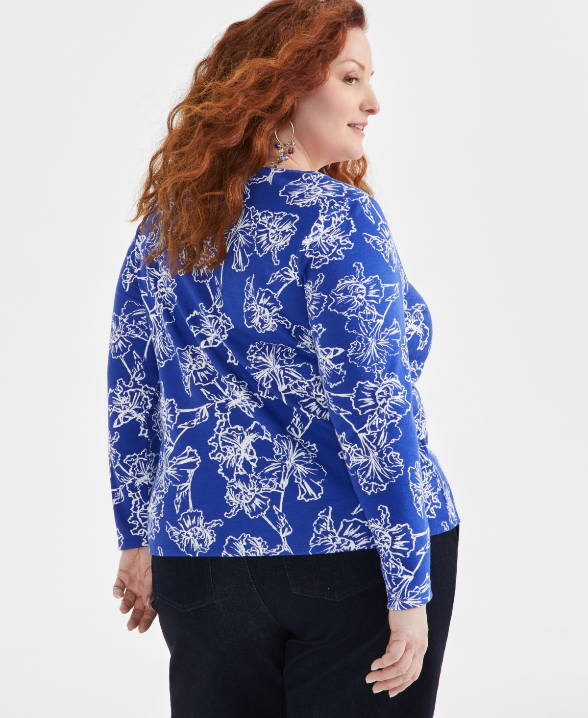 Style & Co Plus Size Printed Scoop-Neck Long-Sleeve Top, Created for Macy's