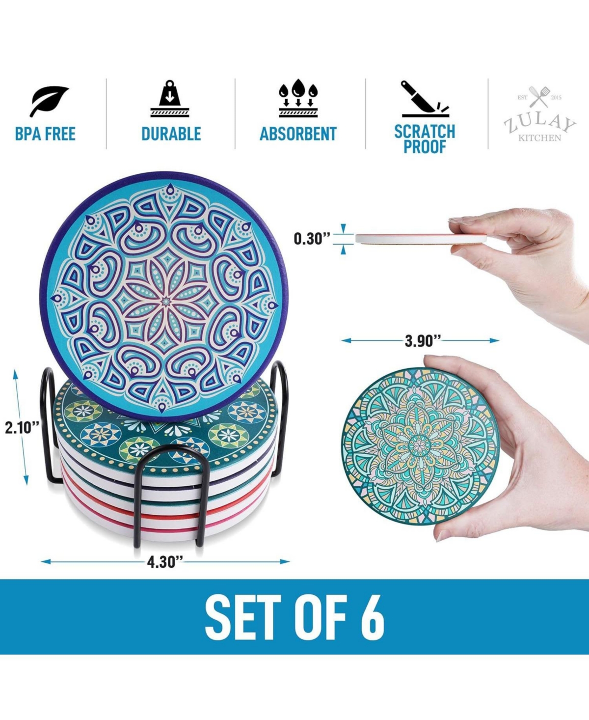 Zulay Kitchen Mandala Coasters with Holder & Cork Base - Pc.