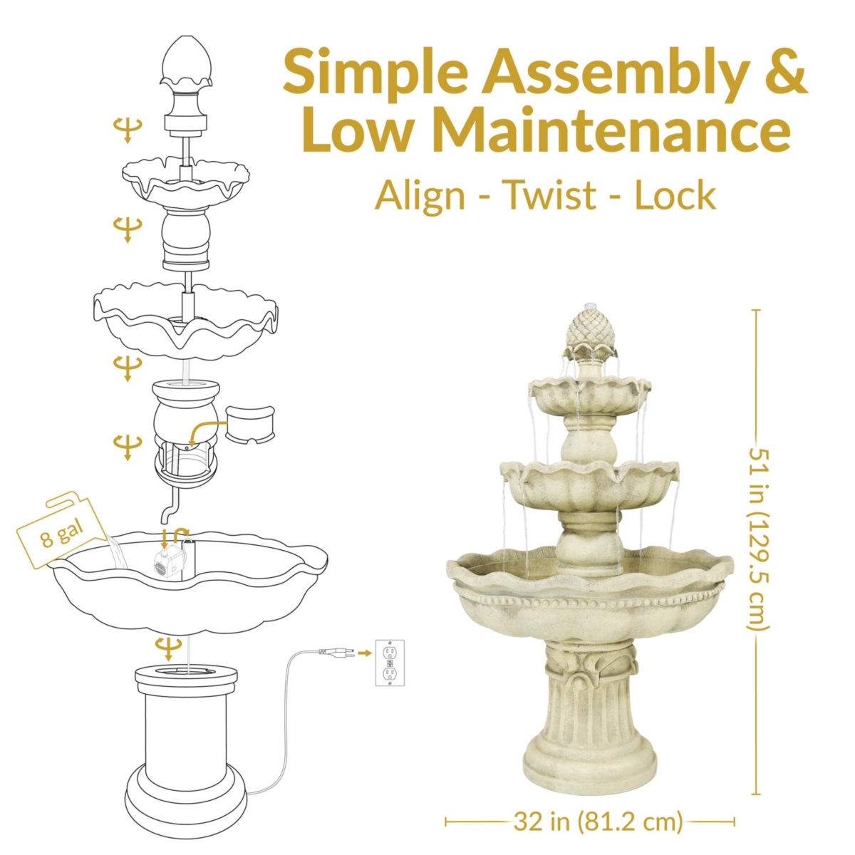 Sunnydaze Decor Pineapple Fiberglass Outdoor 3-Tier Water Fountain