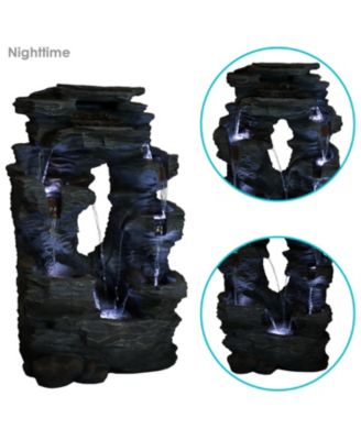 Dual Cascading Rock Falls 39-Inch Outdoor Water Fountain with LED Lights - Electric Submersible Pump