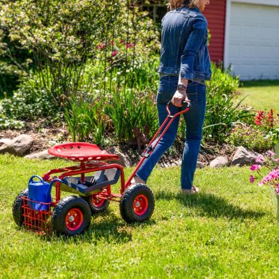Garden Cart Rolling Scooter with Extendable Steering Handle - Swivel Seat and Utility Basket - Red