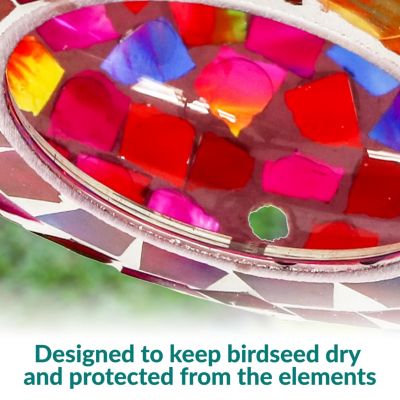 Outdoor Garden Patio Round Glass with Mosaic Design Hanging Fly-Through Bird Feeder - 6"