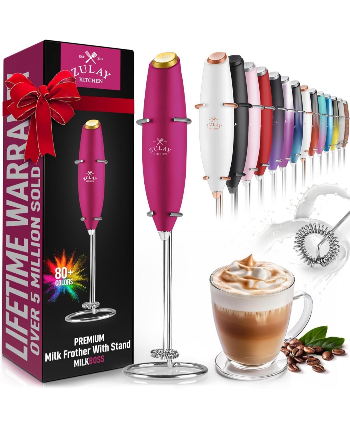 Zulay Kitchen Handheld Milk Frother Stainless Steel Single Whisk with Stand - gold