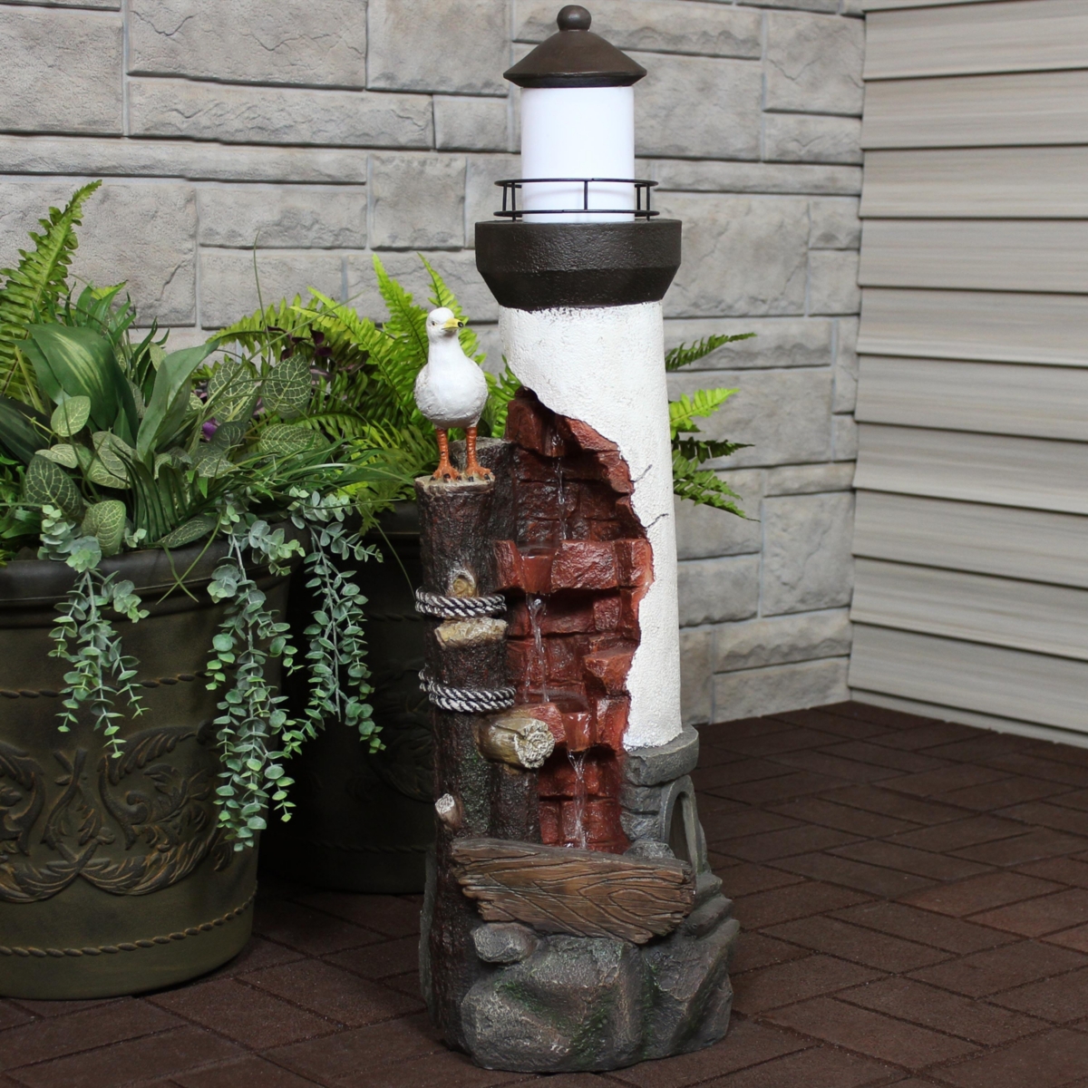 Sunnydaze Decor Gull's Cove Lighthouse Water Fountain with Led Lights -