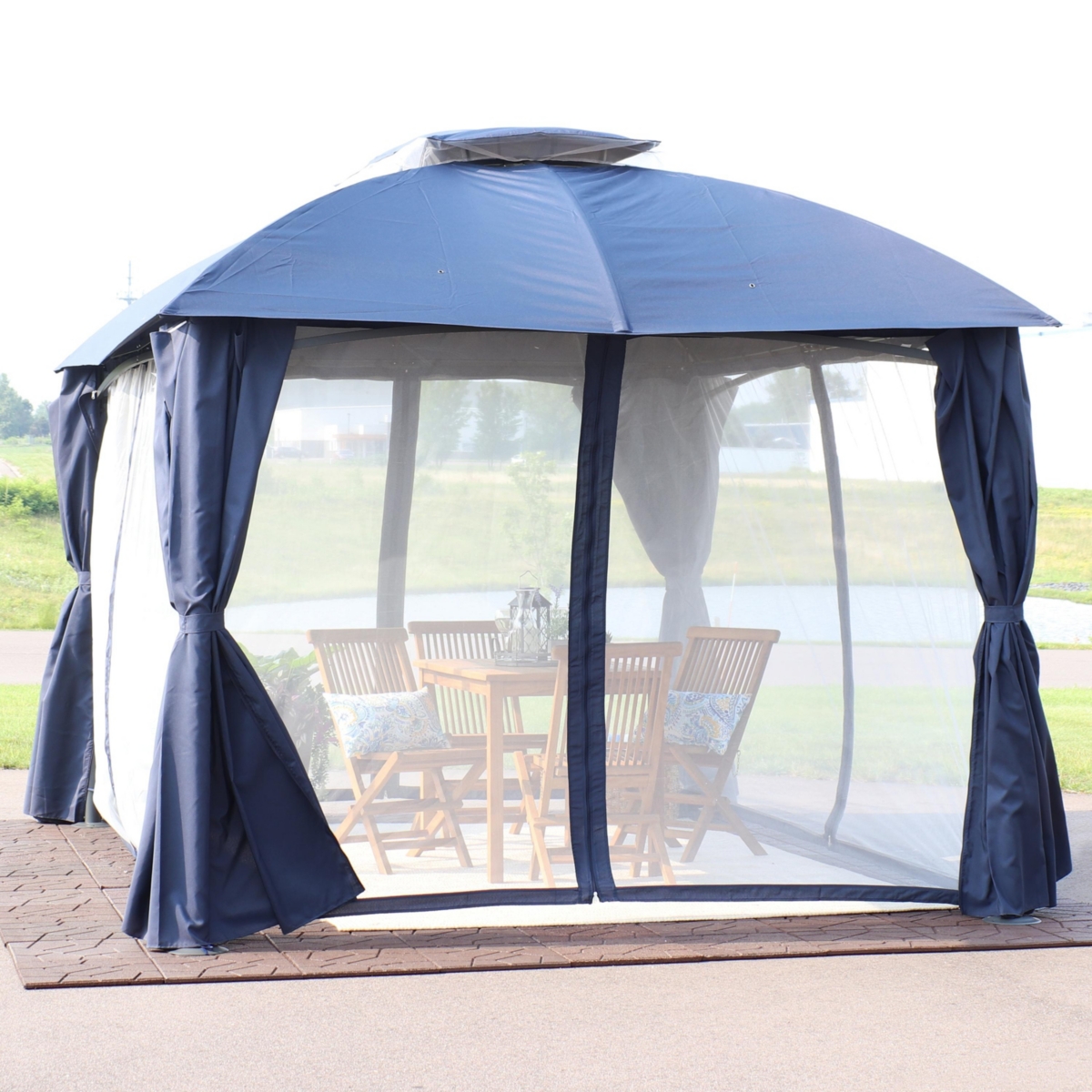 Sunnydaze Decor x Soft Top Polyester Gazebo with Privacy Wall - Navy