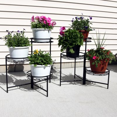 Iron Metal 3-Tiered Decorative Flower Plant Pot Holder Stand Display - Black - 2pk
