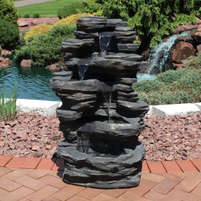 Rock Falls 39-Inch Polystone Outdoor Water Fountain with LED Lights