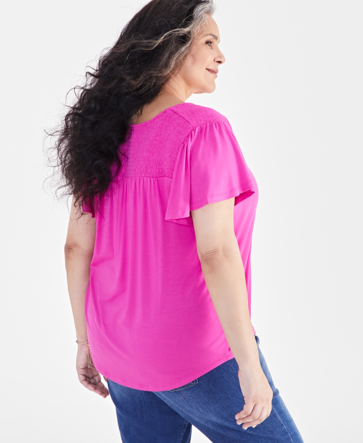 Style & Co Plus Size V-Neck Smocked-Shoulder Short-Sleeve Top, Created for Macy's