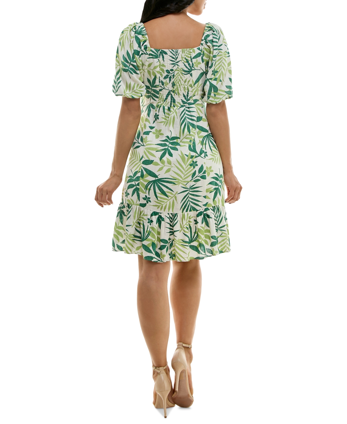 Shop Almost Famous Juniors' Leaf-print Puff-sleeve Dress In Green Comb