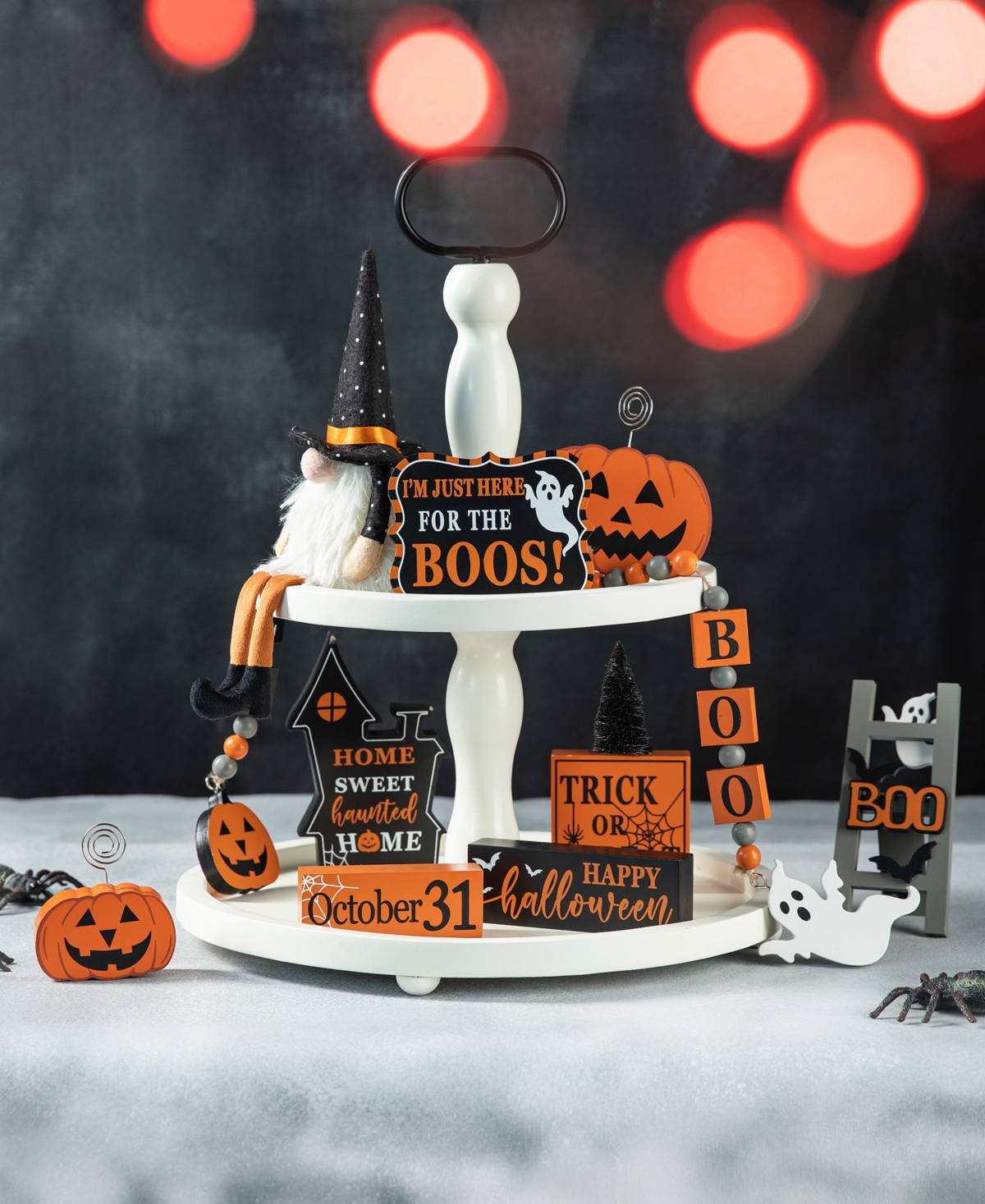 Glitzhome Halloween Wooden Word Signs And Fabric Gnome Tiered Tray Set Table Decor, Set Of 11 In Multi