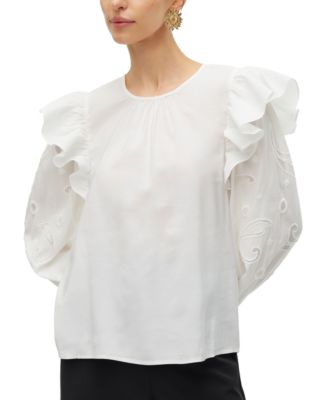Vero Moda - Women's Bilde Embroidered-Sleeve Frilled Top