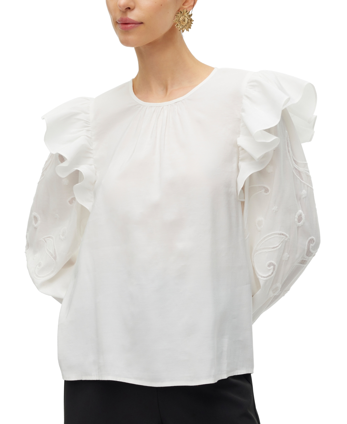 Women's Bilde Embroidered-Sleeve Frilled Top - Snow White