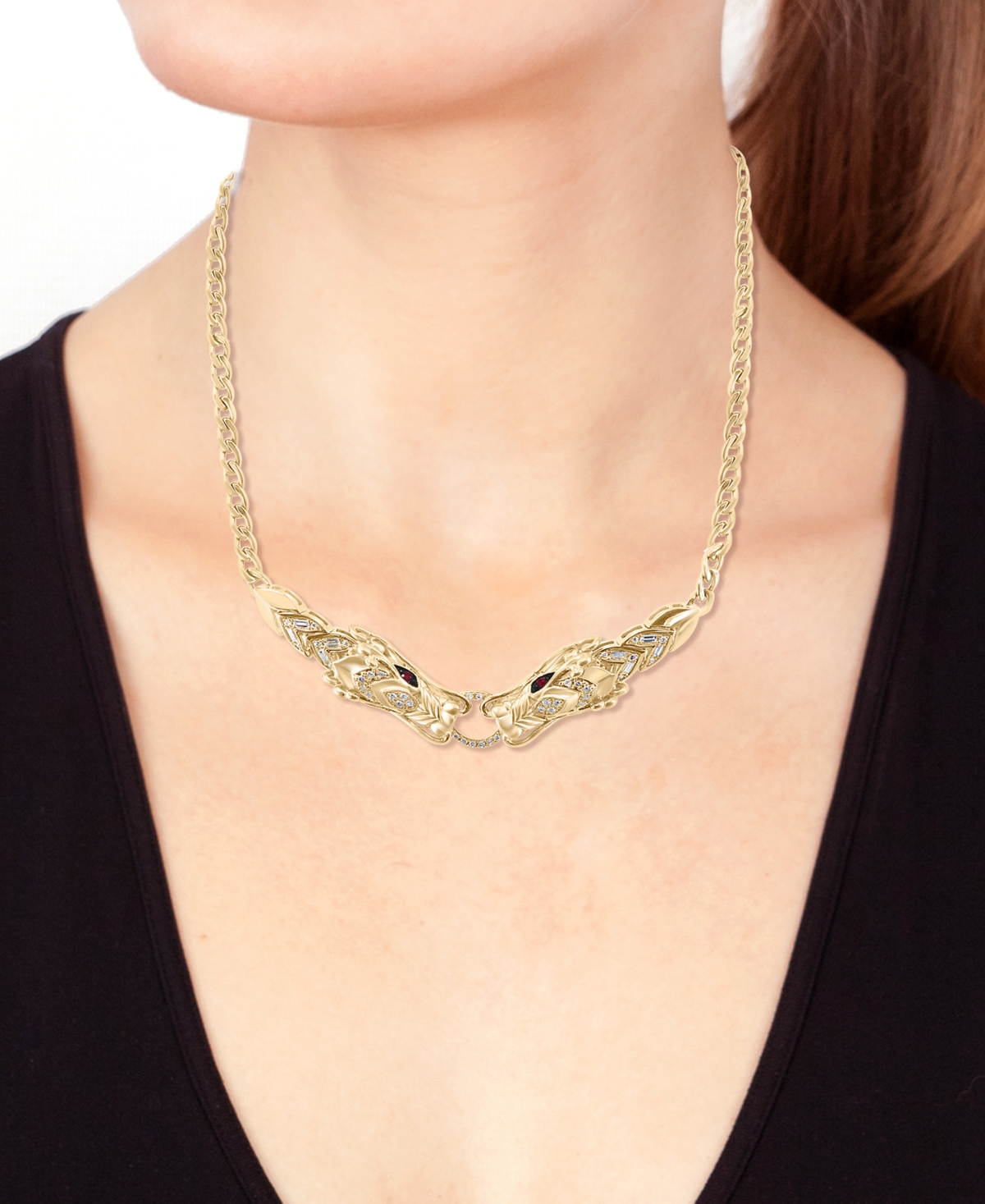 EFFY COLLECTION EFFY DIAMOND (1/3 CT. T.W.) & RUBY (1/10 CT. T.W.) TWO DRAGON HEAD 17" STATEMENT NECKLACE IN 14K GOL 