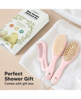 Baby Hair Brush and Comb Set, Oval Wooden Baby Brush Set for Newborns, Infant, Toddler Grooming Kit