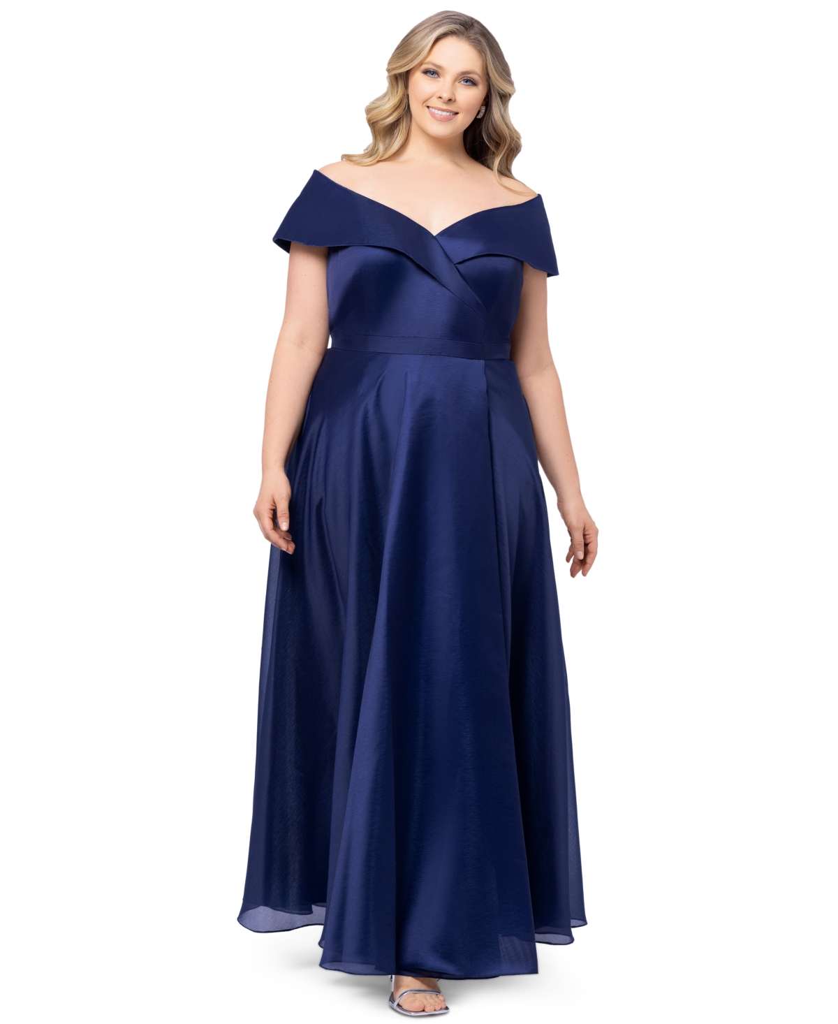 Shop Xscape Plus Size Off-the-shoulder Organza Gown In Navy