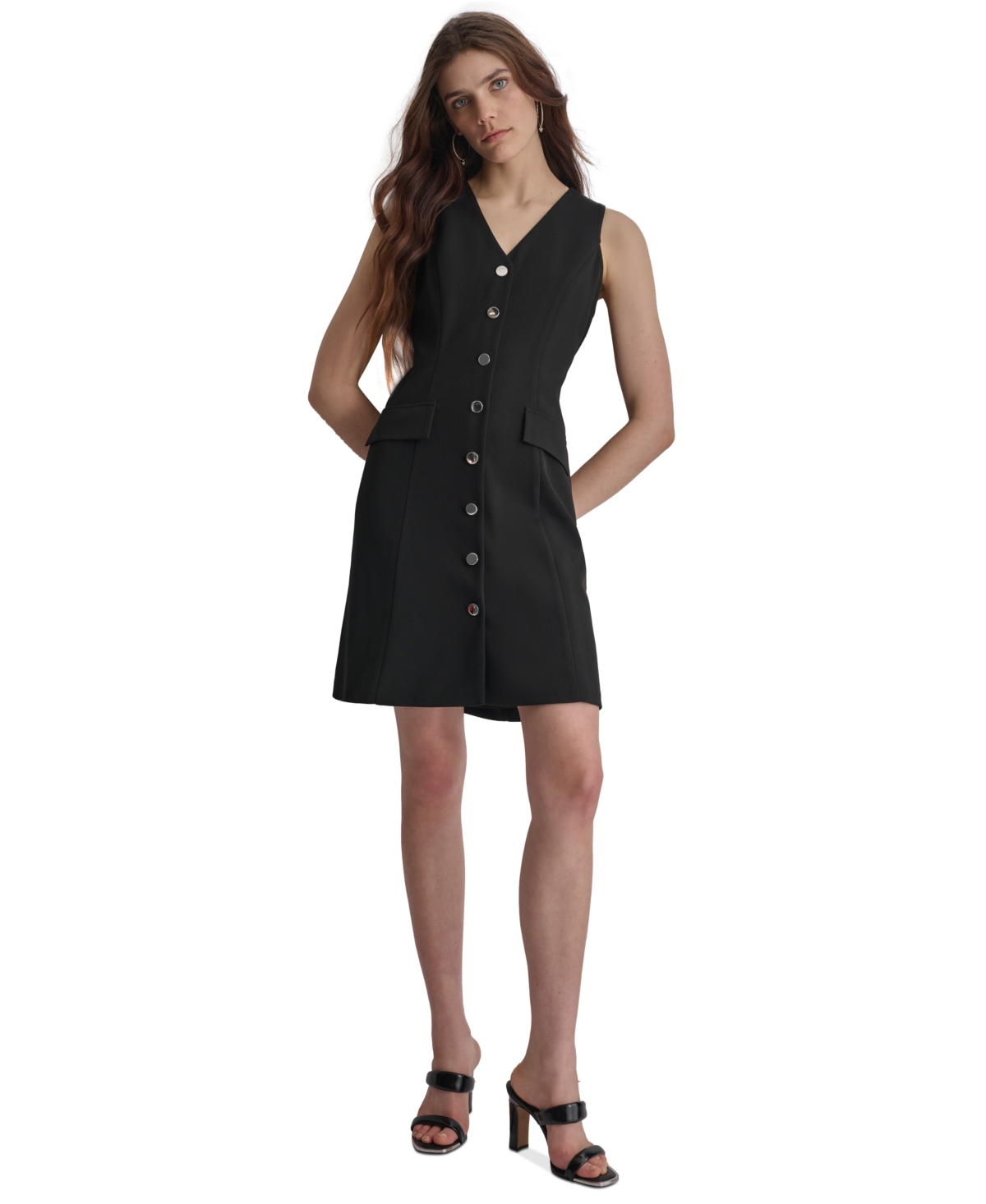 Shop Dkny Women's V-neck Sleeveless A-line Dress In Black