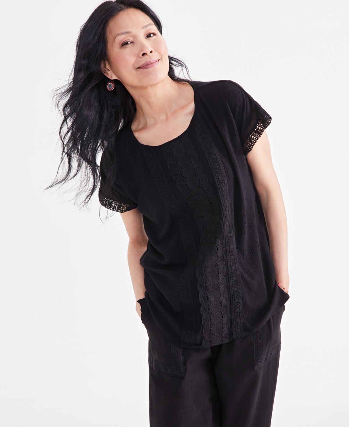 Style & Co Women's Round-Neck Crochet-Trim Dolman Top, Created for Macy's