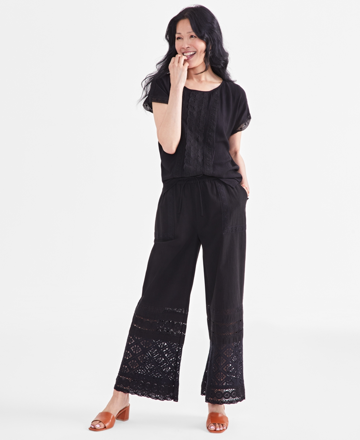 Women's Cotton Crochet Wide-Leg Pull-On Pants, Created for Macy's - Deep Black