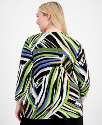 Anne Klein Plus Size Printed Side-Tie 3/4-Sleeve Top