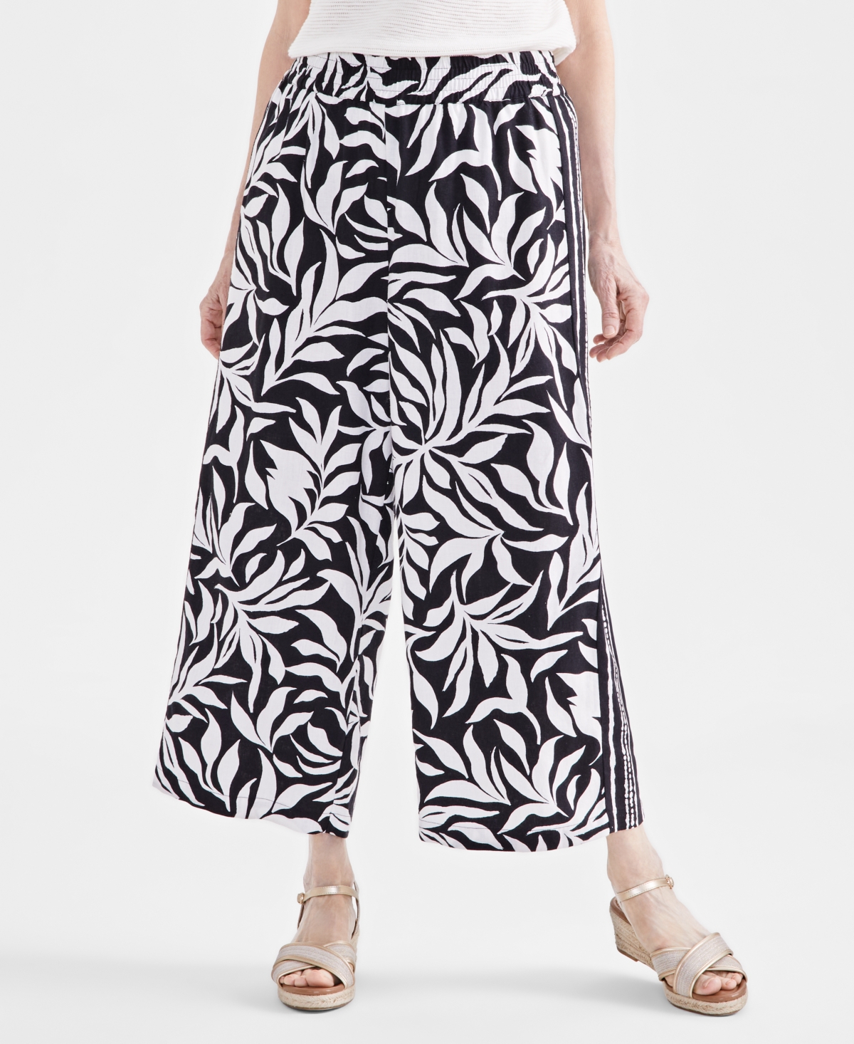 Style & Co Women's Printed Linen Blend Cropped Wide-Leg Pants, Created for Macy's