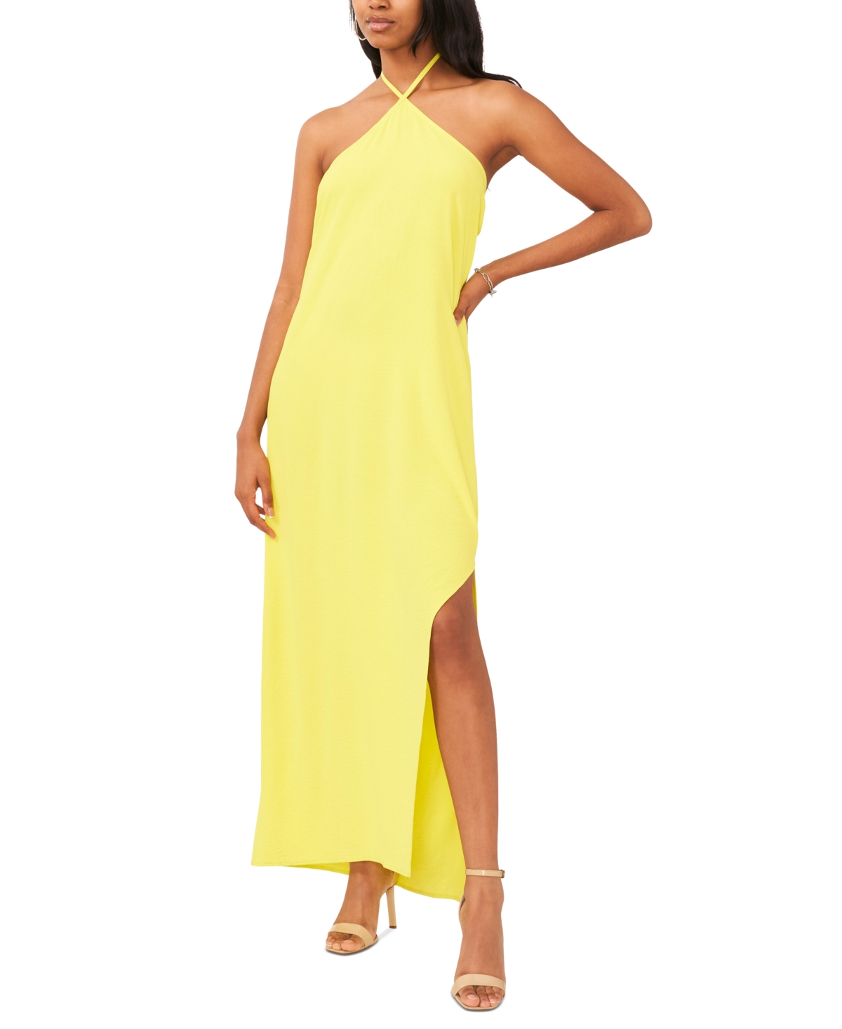 Shop Vince Camuto Women's Asymmetrical Slit Halter Maxi Dress In Lime Breeze