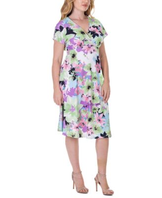 Floral Print V Neck Empire Waist Kimono Cap Sleeve Knee Length Dress