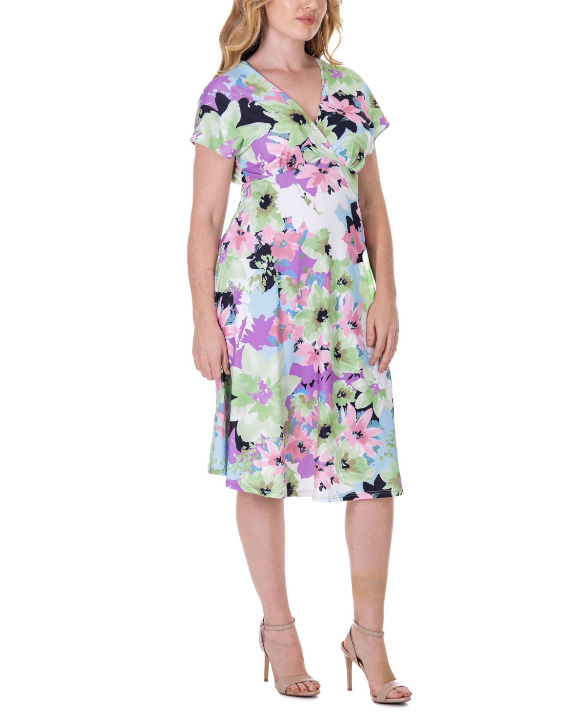 Shop 24seven Comfort Apparel Floral Print V Neck Empire Waist Kimono Cap Sleeve Knee Length Dress In Miscellane