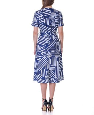Print Short Sleeve Tie Waist Midi Dress