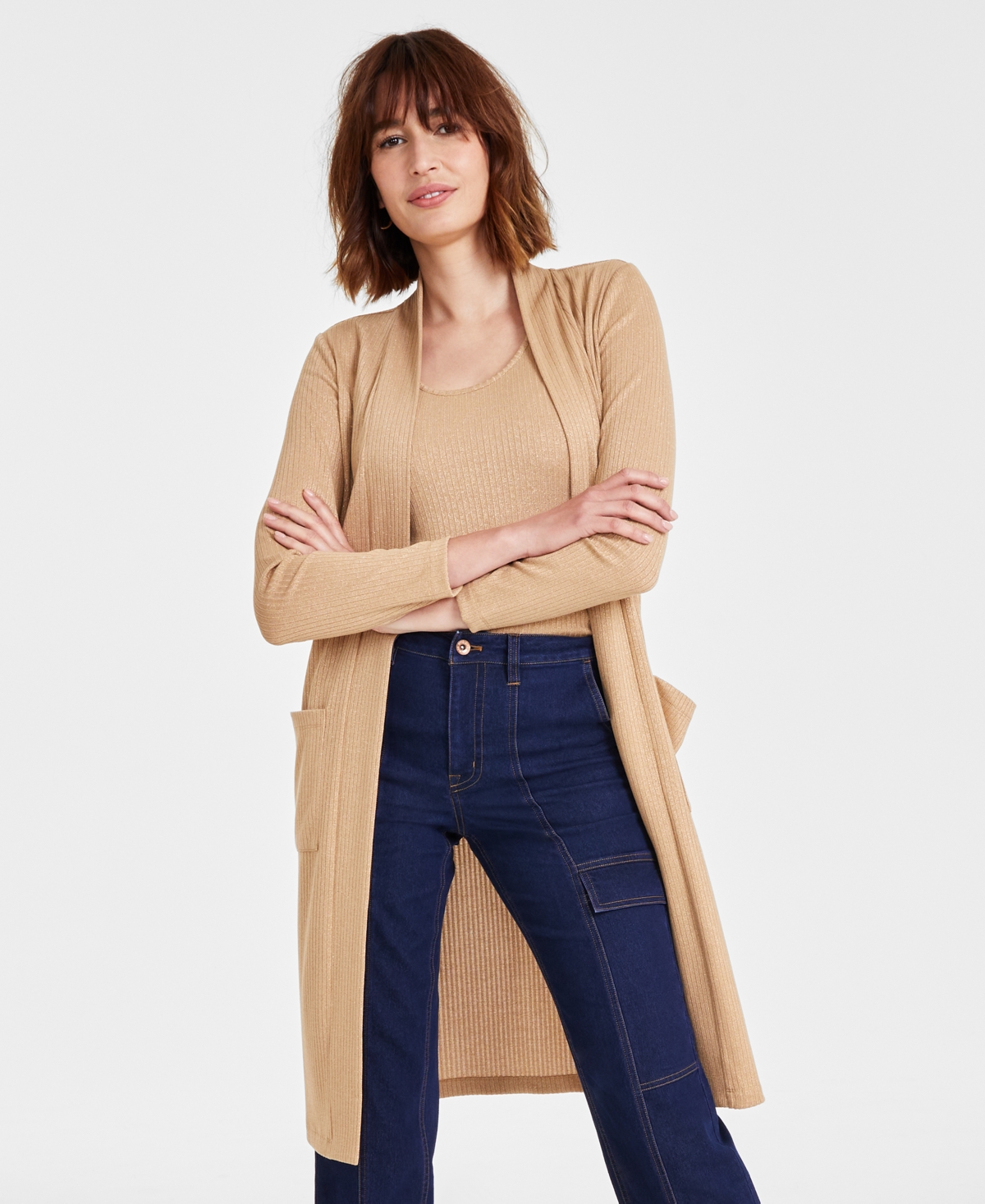 Women's Open-Front Rib-Knit Duster Cardigan - Light Vicuna