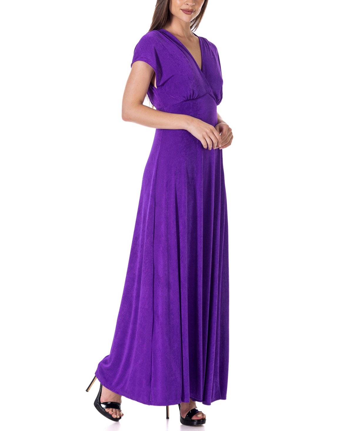 Shop 24seven Comfort Apparel Flutter Sleeve Metallic Knit Maxi Dress In Purple