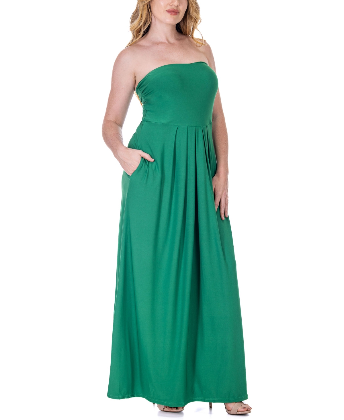 Shop 24seven Comfort Apparel Pleated A Line Strapless Maxi Pocket Dress In Turquoise