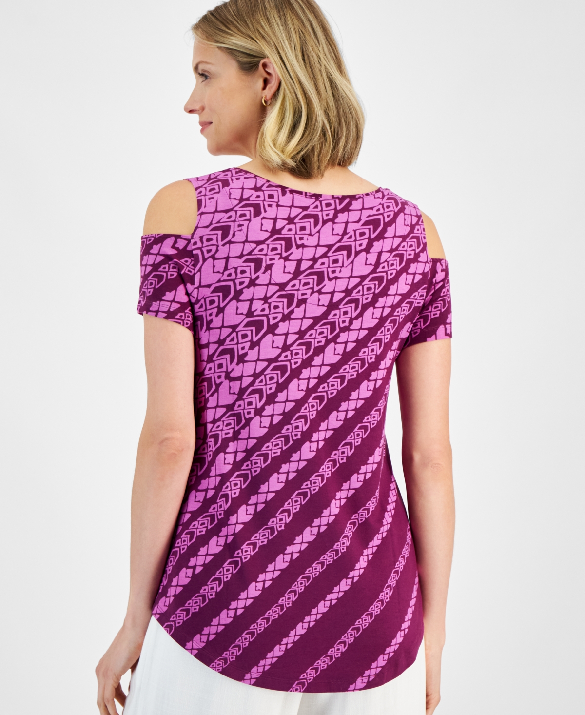 Jm Collection Women s Printed Cold Shoulder Short Sleeve Top Created for Macy s Ray Violet Cb Smart Closet