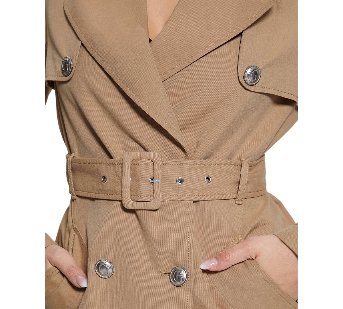 Shop Guess Women's Jade Double-breasted Belted Trench Coat In Desert Storm Multi