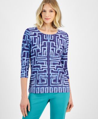 JM Collection - Petite Leah Labyrinth Print 3/4-Sleeve Top