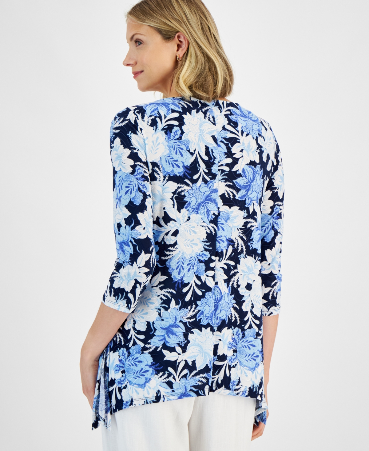 Jm Collection Petite Linear Garden Jacquard Printed 3/4-Sleeve Top, Created for Macy's