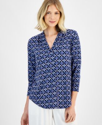 JM Collection Women's Printed 3/4 Sleeve Pleated-Neck Top, Created for ...