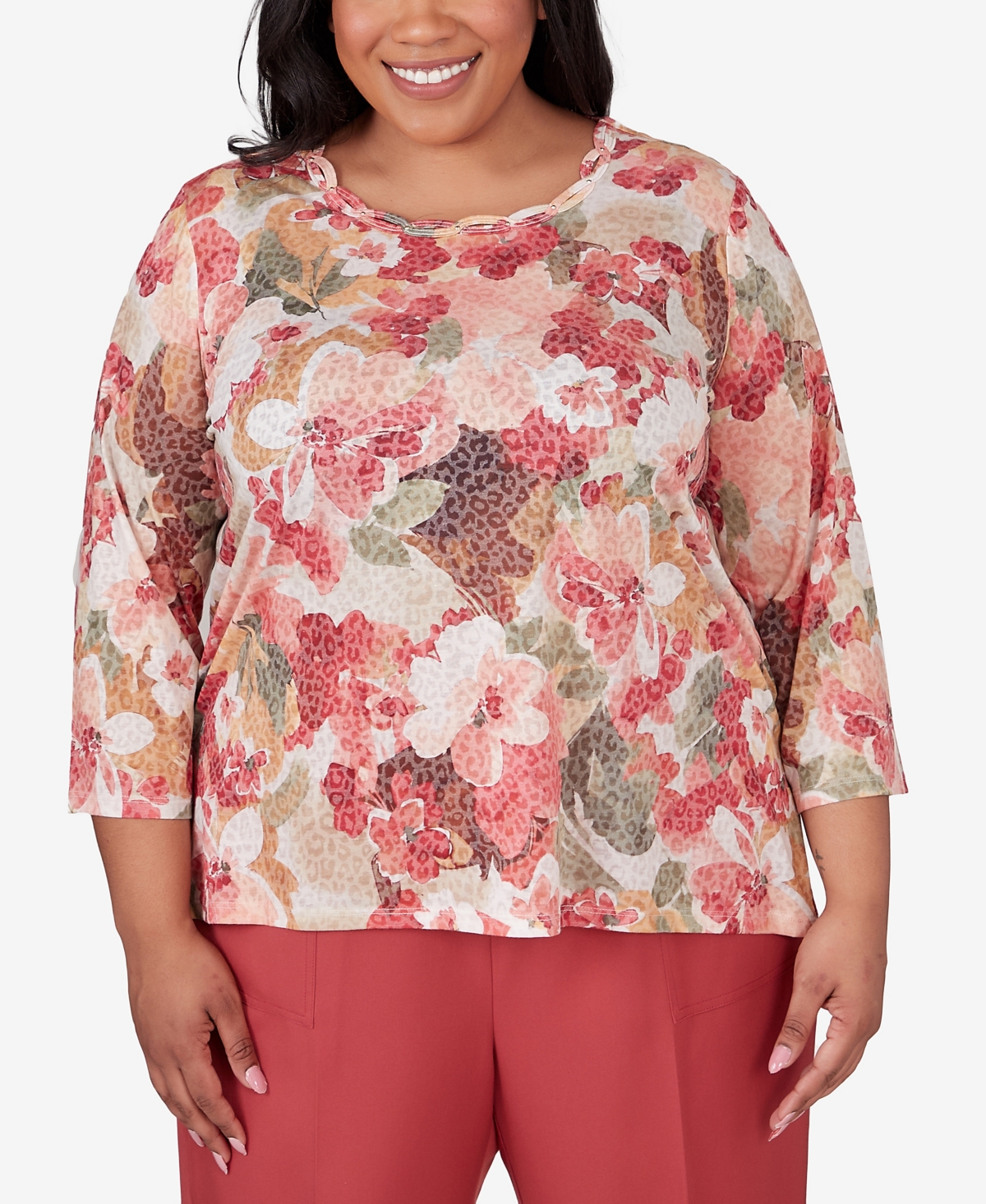 Alfred Dunner Plus Size Sedona Sky Watercolor Knotted Neck Floral Top In Clay