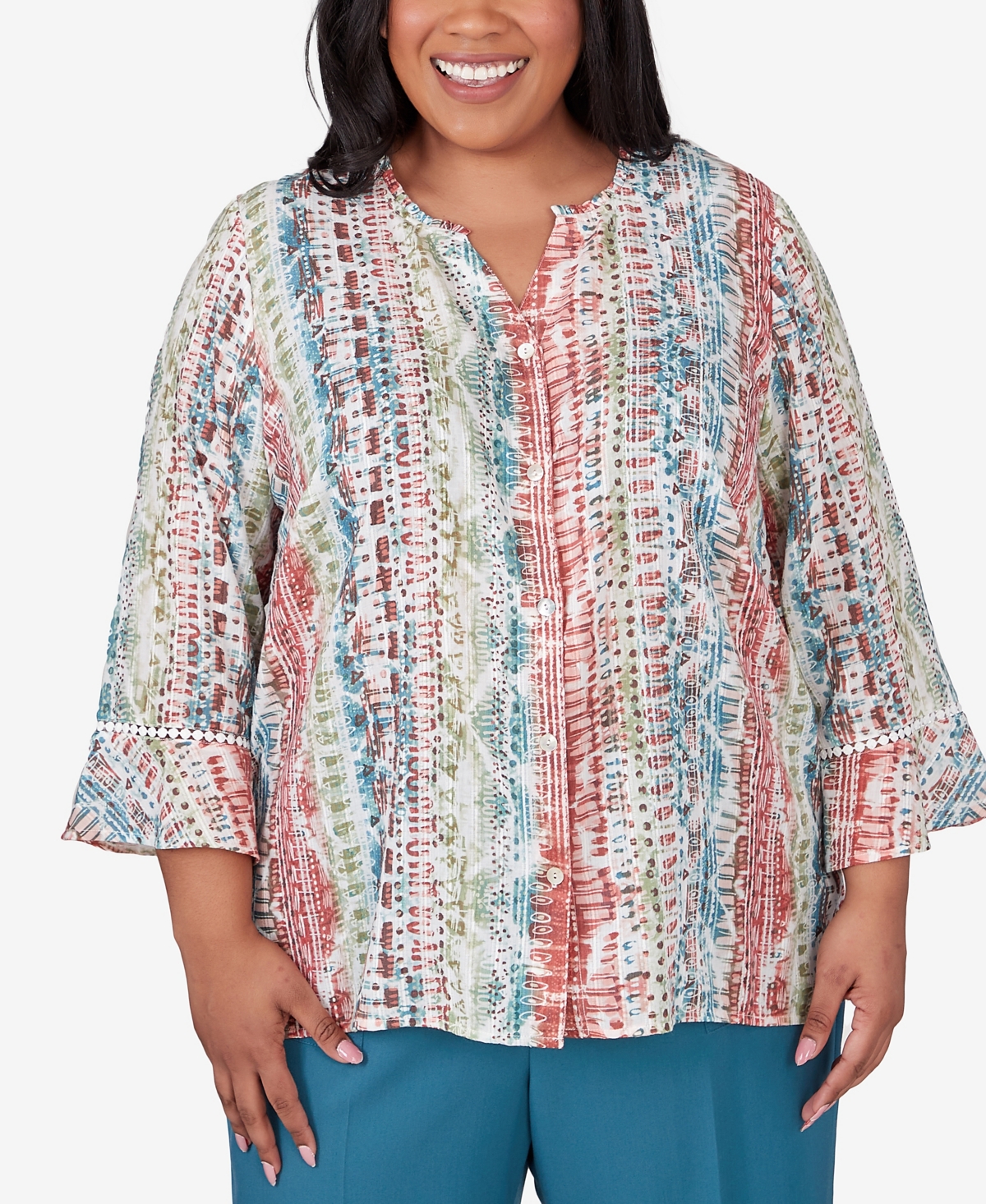 Alfred Dunner Plus Size Sedona Sky Vertical Button Down Stripe Top In Multi