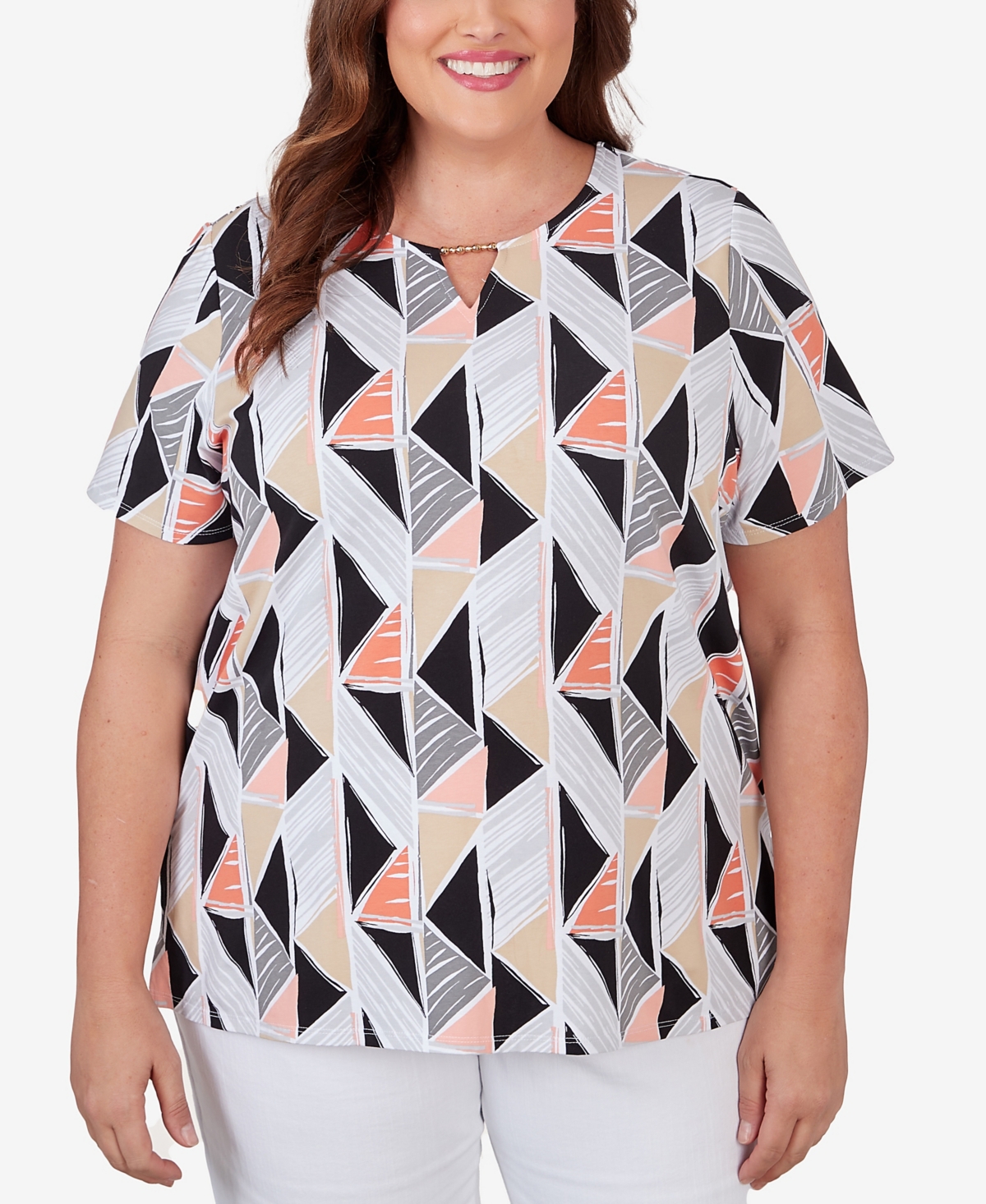 Alfred Dunner Plus Size Geo Stained Glass Split Neck Tee In Multi