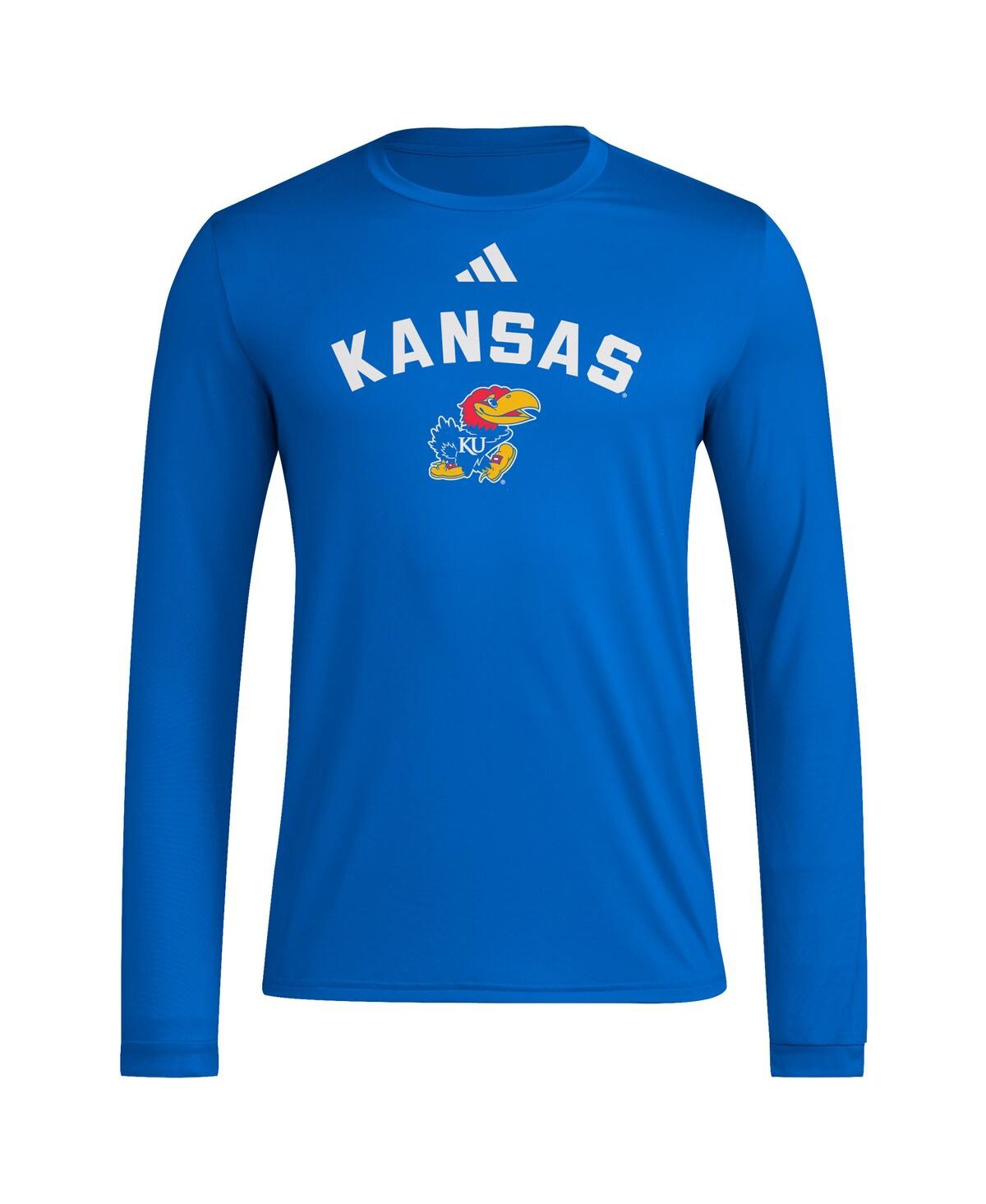 ADIDAS ORIGINALS MEN'S ROYAL KANSAS JAYHAWKS ALTERNATE PRE-GAME HOOK AEROREADY LONG SLEEVE T-SHIRT 