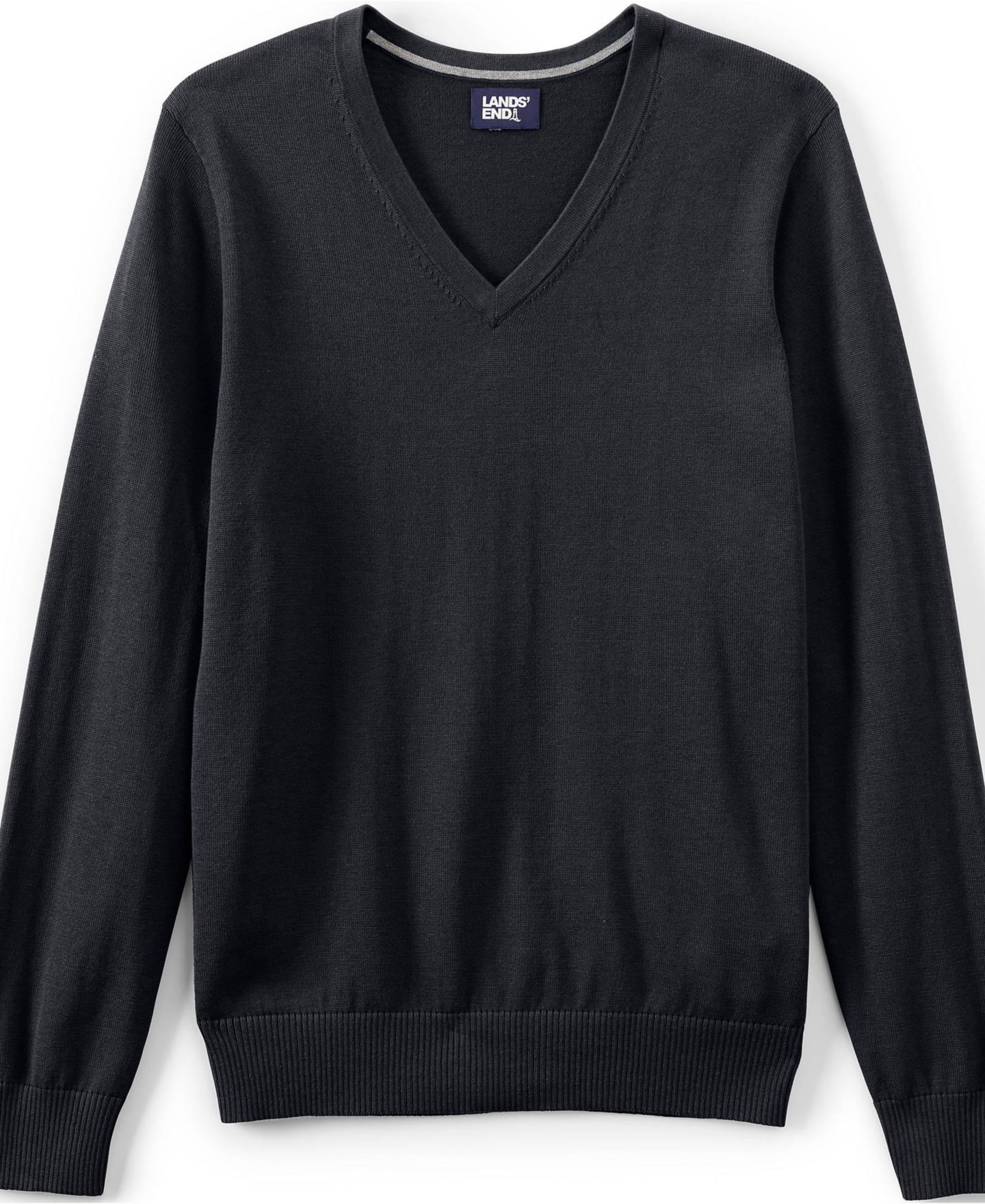 Мужской свитер Lands' End Unisex Cotton Modal V-neck Pullover, цвет: Чёрный — фото 2