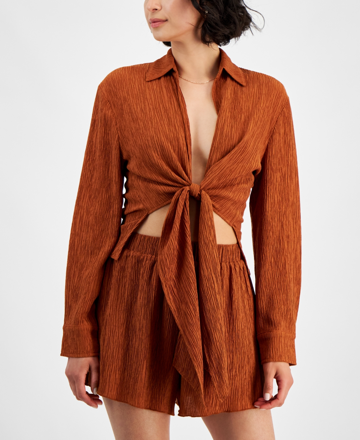 Bar Iii Womens Textured Tie Front Shirt Textured Pull On Shorts Created For Macys In Warm Cinnamon
