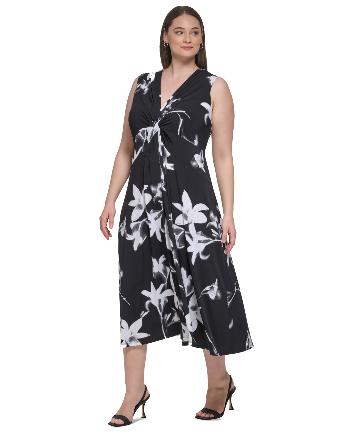 Shop Calvin Klein Plus Size V-neck Jersey Sleeveless A-line Dress In Black Multi