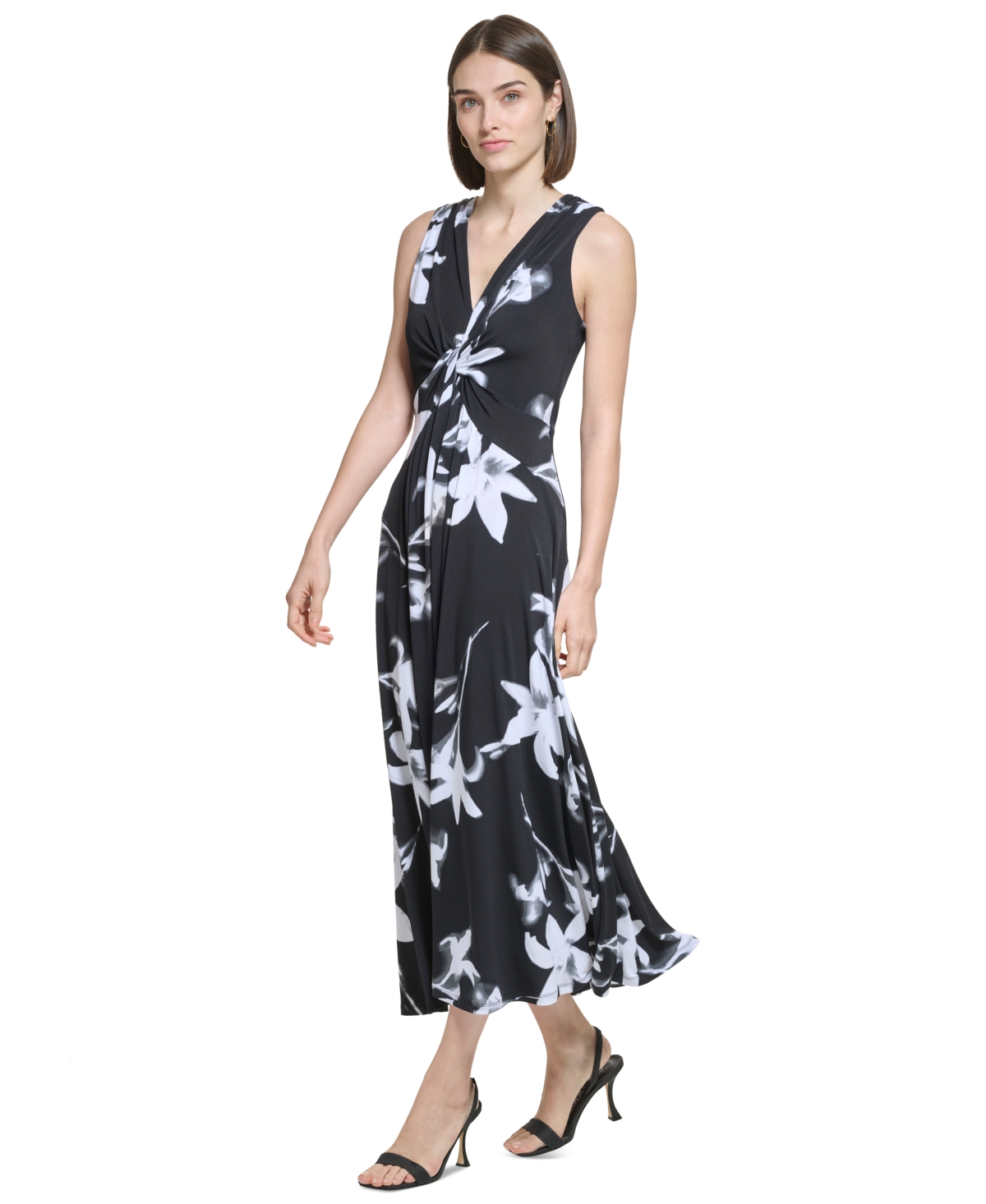 Shop Calvin Klein Women's V-neck Jersey A-line Sleeveless Dress In Black Multi