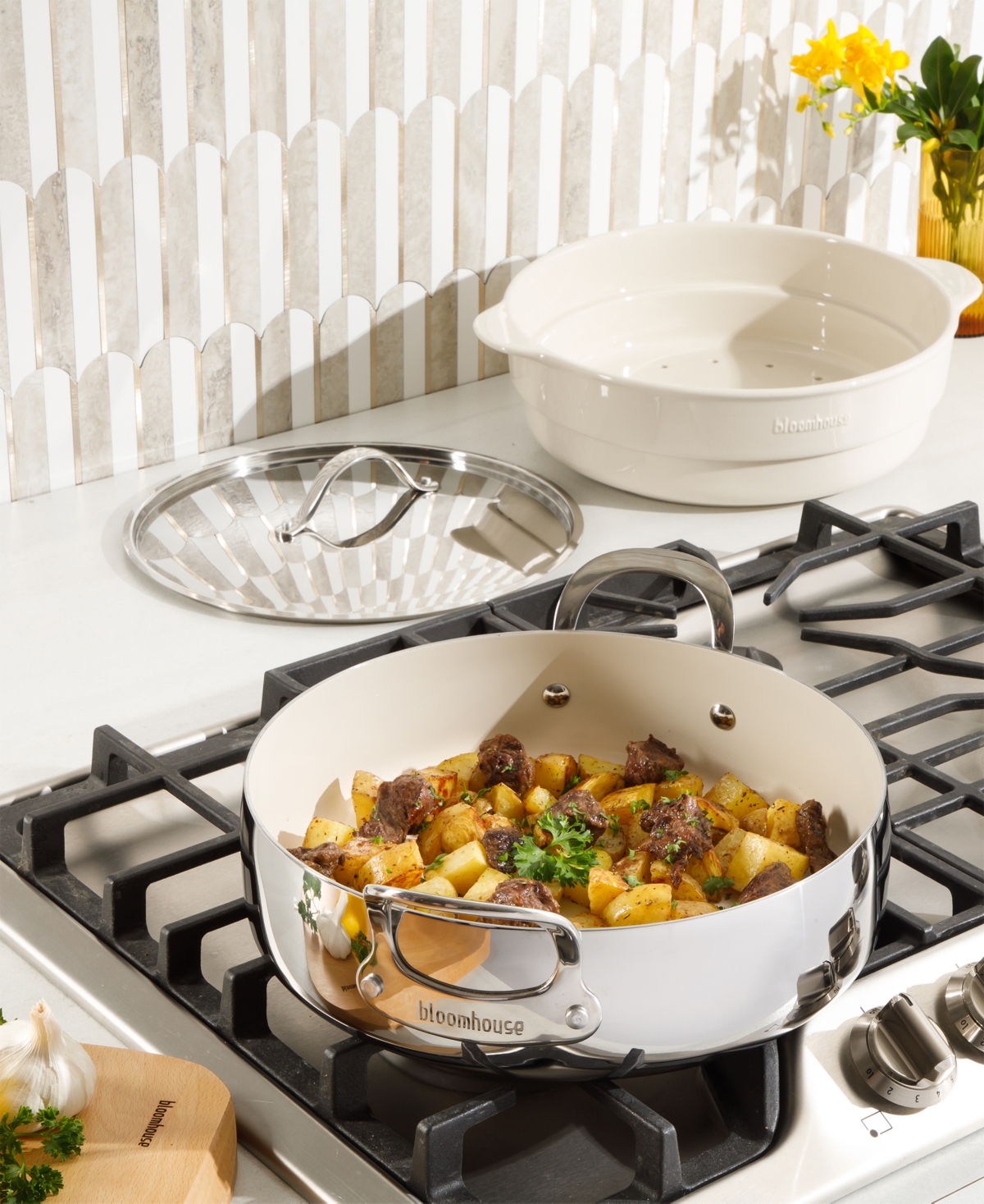 Bloomhouse 12 Piece Stainless Steel Non-stick Cookware Set In White